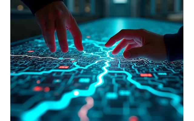 Close-up of a holographic map projection with glowing routes and data points, symbolizing advanced GIS and AI integration.