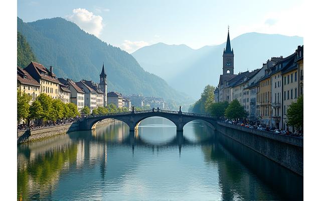 A serene landscape of Lucerne, Switzerland, with historic buildings and the Chapel Bridge, symbolizing Swiss heritage and precision.