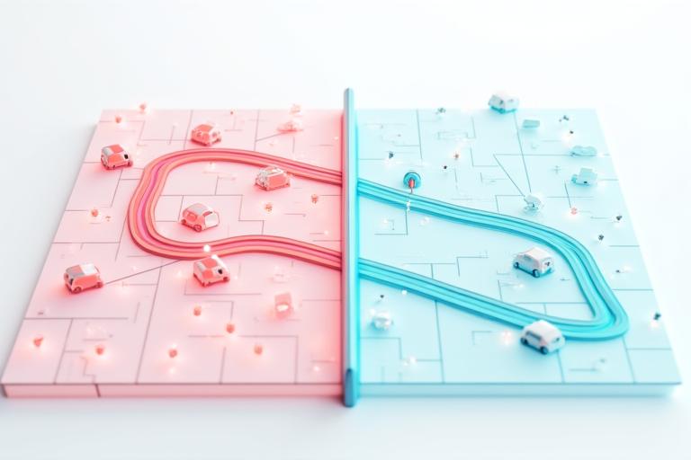 Split screen comparison showing a chaotic, direct route versus an optimized, smoother AI-recommended route on a map, highlighting efficiency