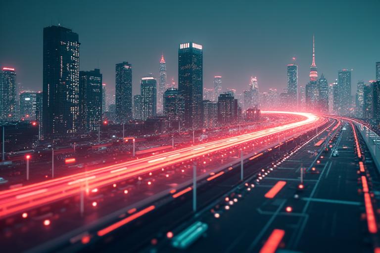 Futuristic city skyline with overlaid transparent data layers and glowing connection lines, representing IoT devices and smart infrastructure