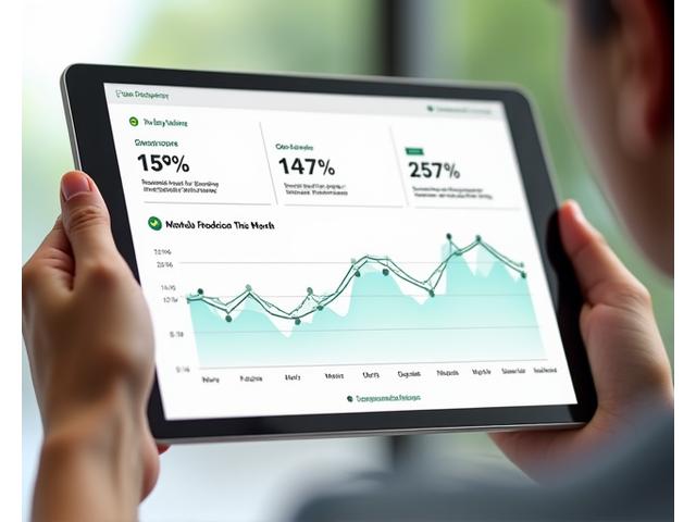 An interactive digital dashboard showing graphs and charts of a user's personal carbon footprint, monthly emission savings, and progress towards green travel goals. Includes achievement badges.
