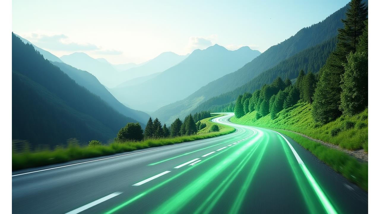 A clear road winding through a pristine, lush green Swiss landscape, with a transparent digital overlay showing carbon emission reduction metrics and a glowing green route line.