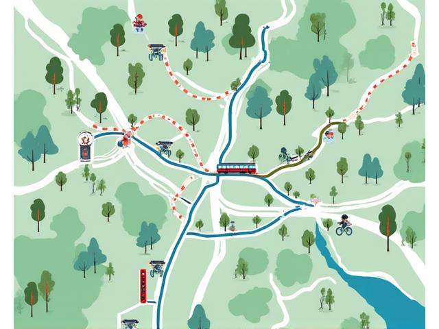 A stylized map showing various transportation icons (train, bicycle, car-sharing, walking route) connected by green lines, representing multimodal travel options and sustainability ratings.