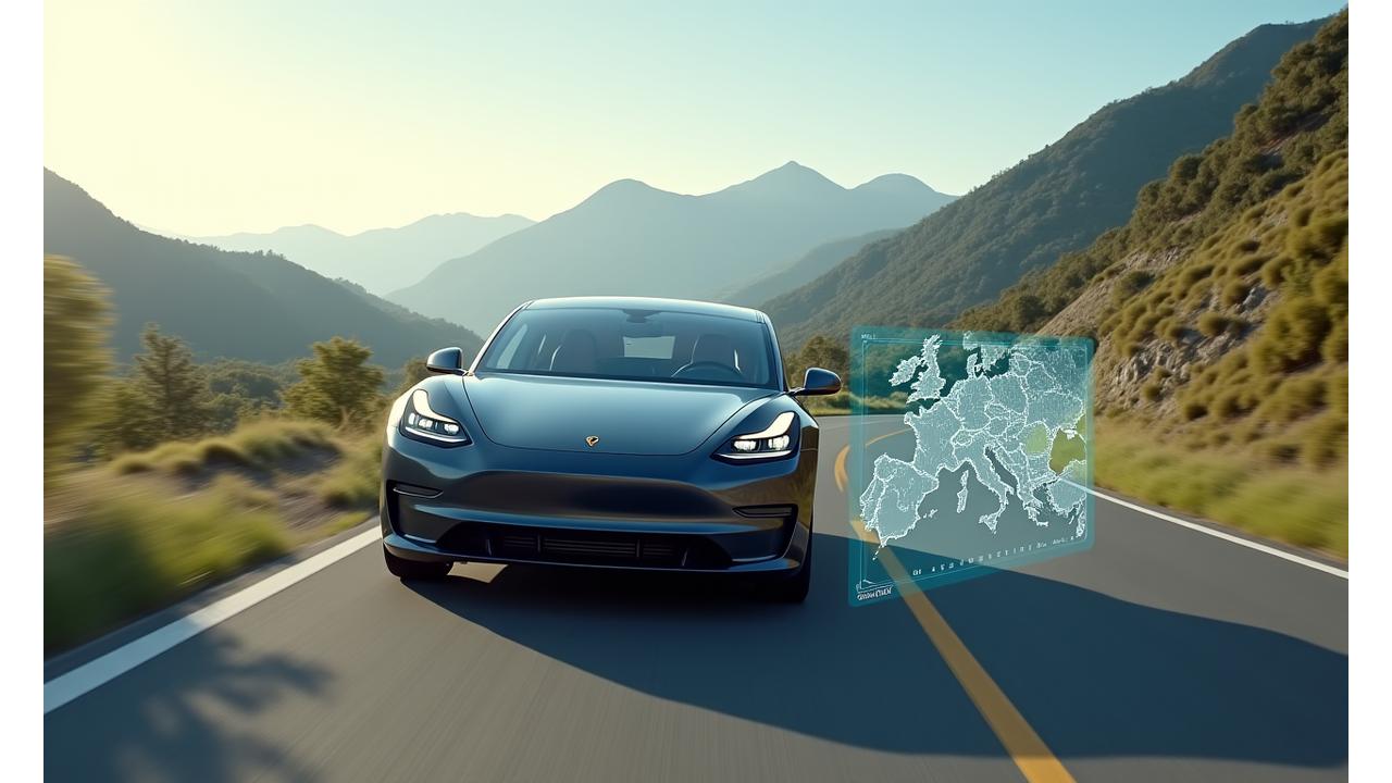 Electric car driving through a picturesque European cross-border landscape, with a map overlay indicating international charging networks