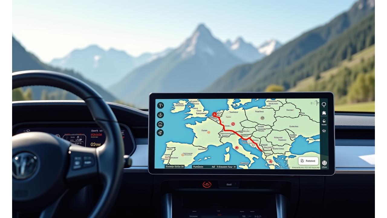 Interactive map displaying an electric vehicle route with charging station waypoints and real-time data overlays
