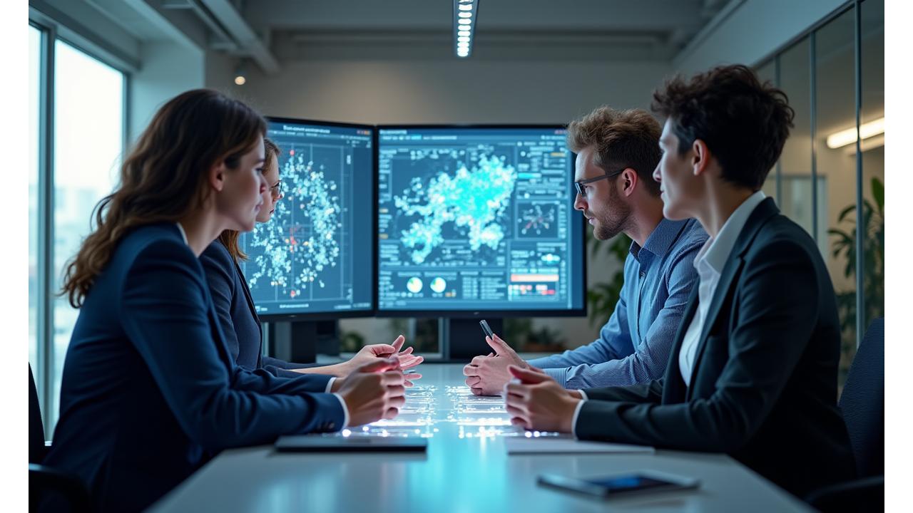 A team of GIS data specialists collaborating in a modern office, working on large screens displaying complex mapping data and analytical tools. Focus on precision and collaboration.