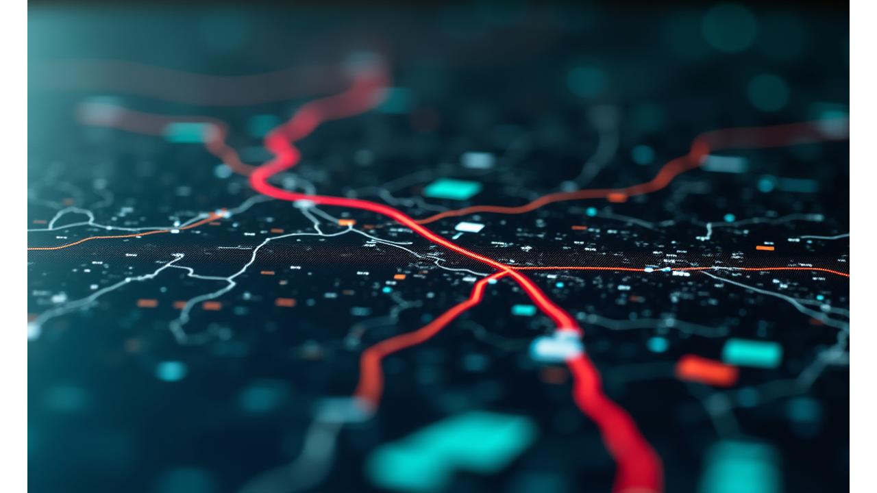 Close-up view of a digital map interface displaying vectorized road segments and data points with clear, precise lines and technical overlays against a dark background.
