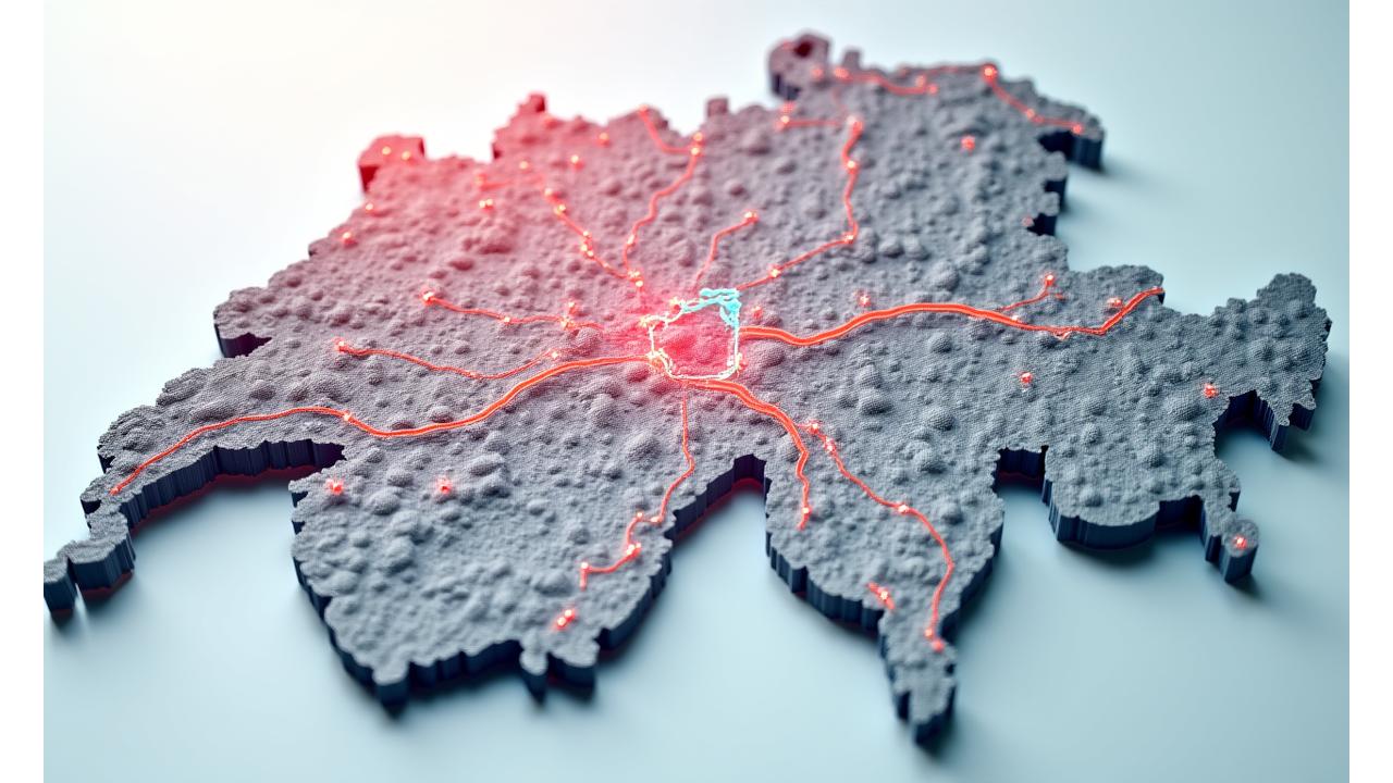 Interactive map displaying detailed Swiss road network data with canton boundaries and key transport infrastructure highlighted.