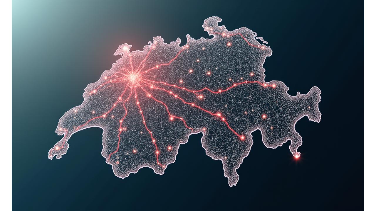 Various data visualizations depicting smart city planning, logistics routes, and transportation research, overlaid on a conceptual map of Switzerland.