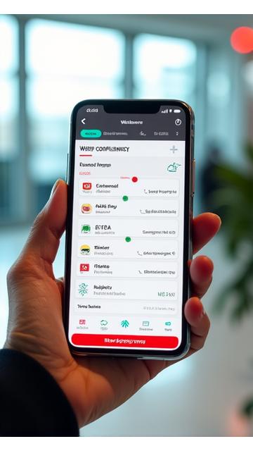 Smartphone showing WHEP Mobility app interface in English, displaying a route and compliance info.