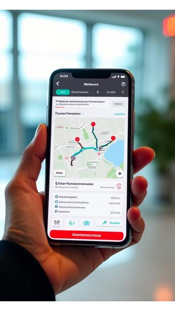 Smartphone showing WHEP Mobility app interface in French, displaying a route and compliance info.