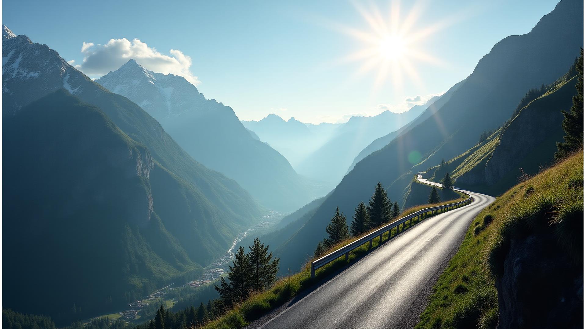 WHEP Mobility Panel AG - Swiss Alpine landscape with modern, transparent digital map overlay showing a compliant route through mountains and border crossings, representing seamless cross-border travel with vignette compliance checks.