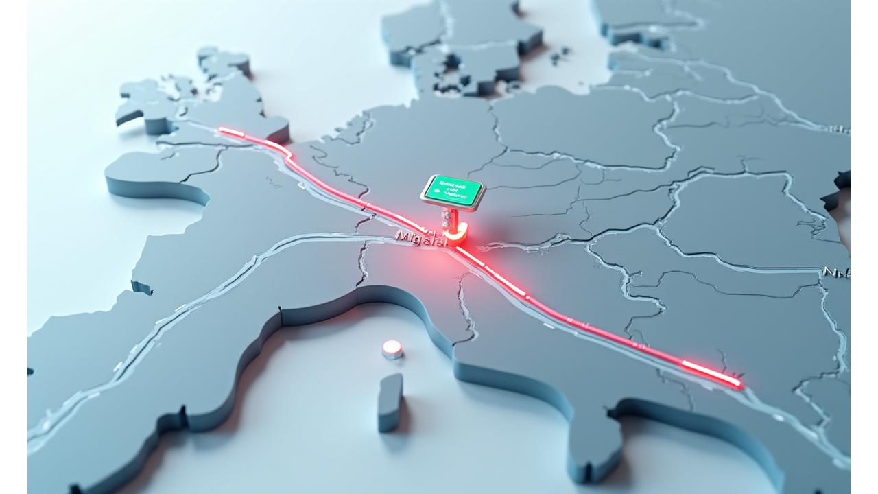 Interactive map demonstrating a car route from Switzerland to Italy, highlighting a border crossing with a clear visual indicator for vignette requirement and an estimated toll cost pop-up.