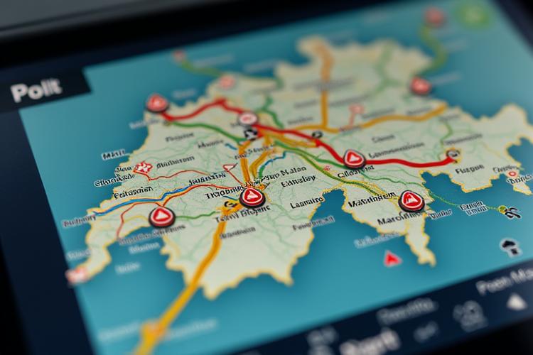 Digital map displaying real-time traffic flow with color-coded roads and small construction icons in Switzerland, indicating live traffic conditions and roadwork alerts.