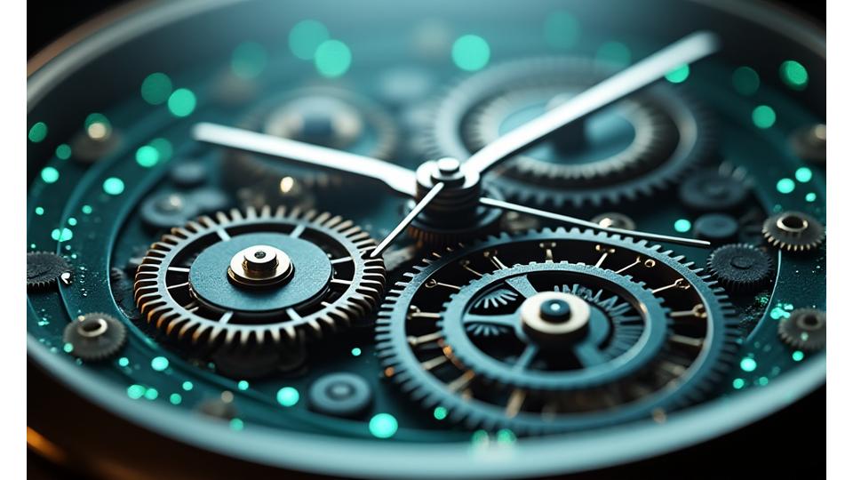 Close-up of precision Swiss watch gears alongside a subtle digital map overlay, symbolizing Swiss engineering and data accuracy.