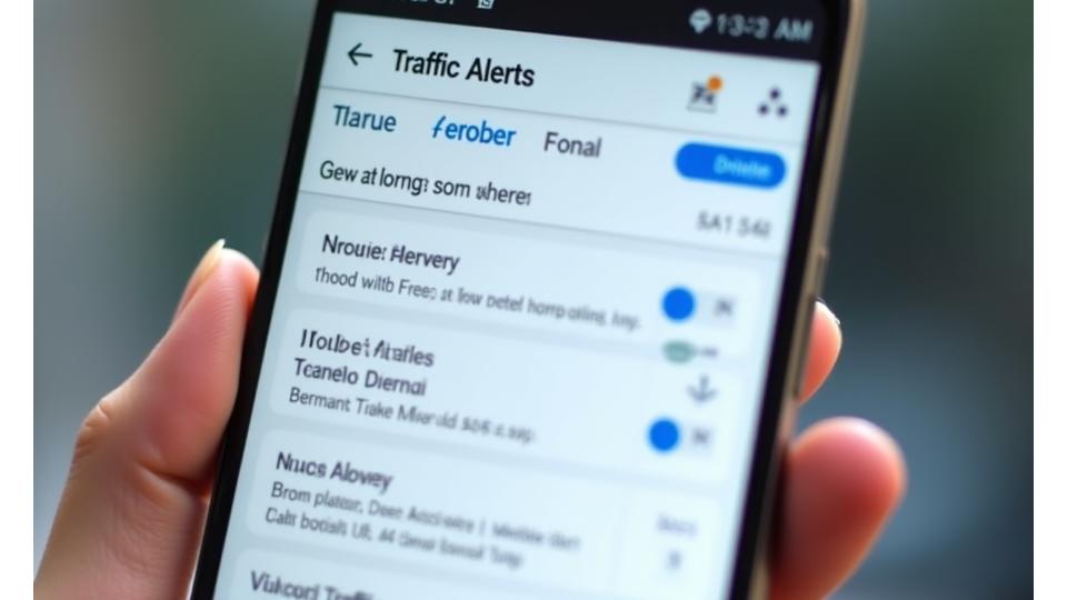 A dashboard interface on a mobile device showing notification preferences, toggle switches for alert types (push, email), and selected routes for personalized traffic alerts.