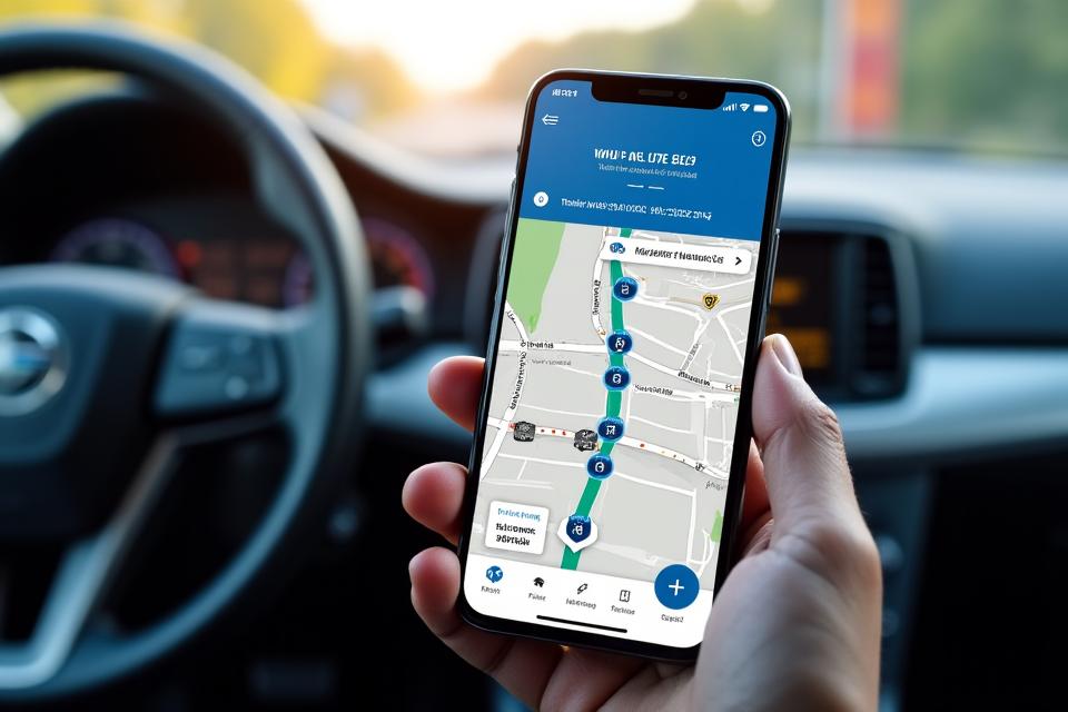 A mobile phone screen displaying the WHEP Mobility traffic app with a route showing live traffic conditions, alongside a car dashboard. The image emphasizes ease of use while driving.