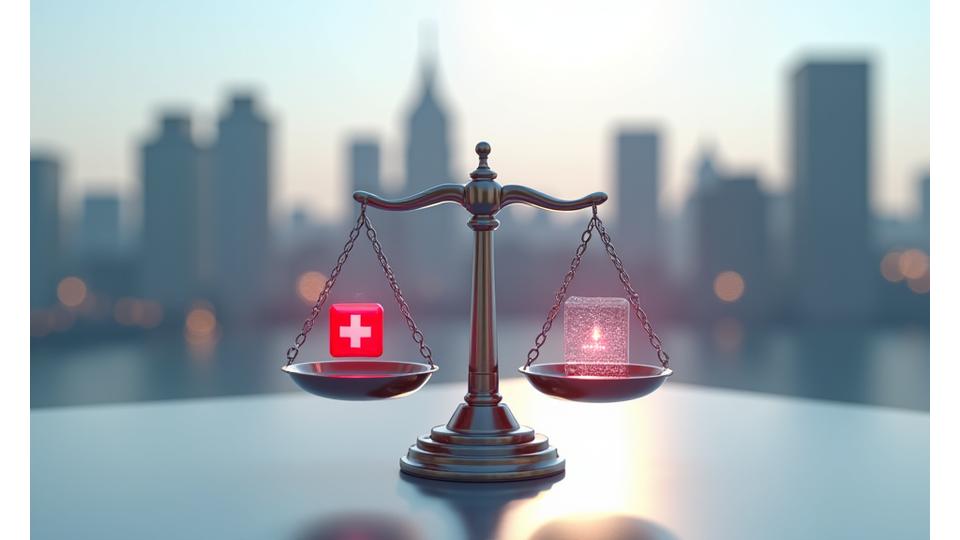Illustration of a legal scale, Swiss flag, and interconnected digital nodes, symbolizing fair and compliant digital services under Swiss law.