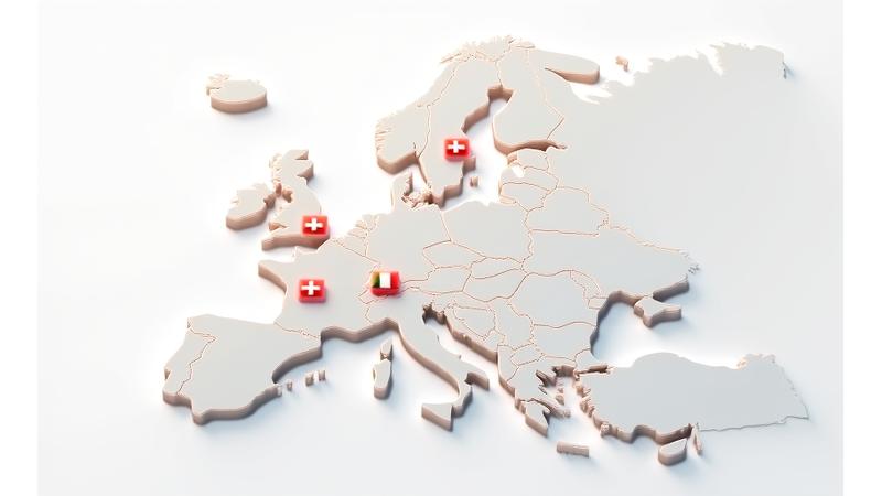 Abstract map of Central Europe with flags of Switzerland, Germany, France, Italy, and Austria, highlighted to show interconnectivity.