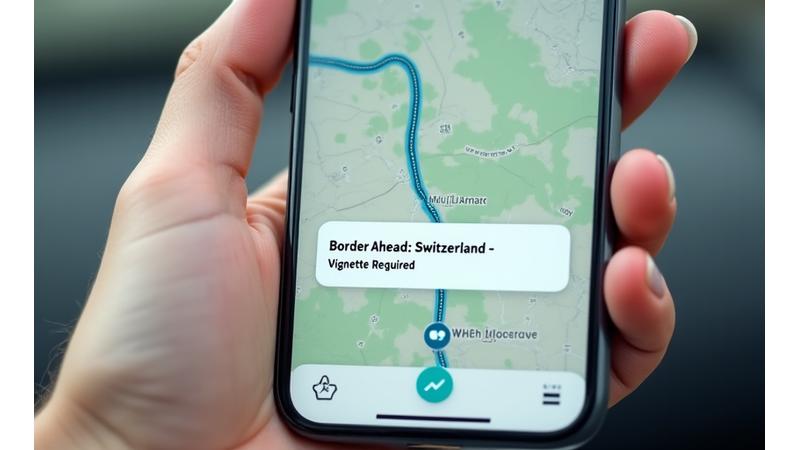 Smartphone screen displaying a push notification about an upcoming border crossing and vignette requirement, with a map in the background.
