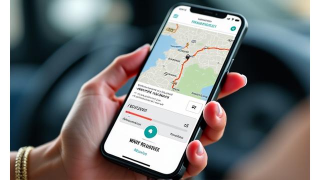 Close-up of a hand holding a smartphone displaying WHEP Mobility's route planning app interface with a compliance check result overlay.