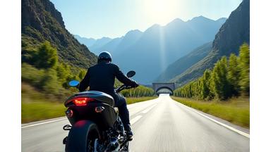 Motorcycle cruising on an open road with mountains in the background.