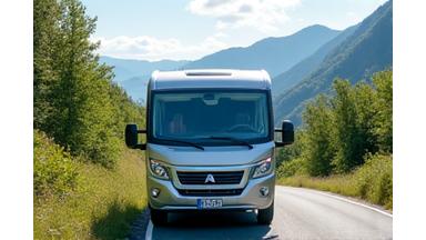 Leisurely motorhome driving through picturesque Alpine landscape.
