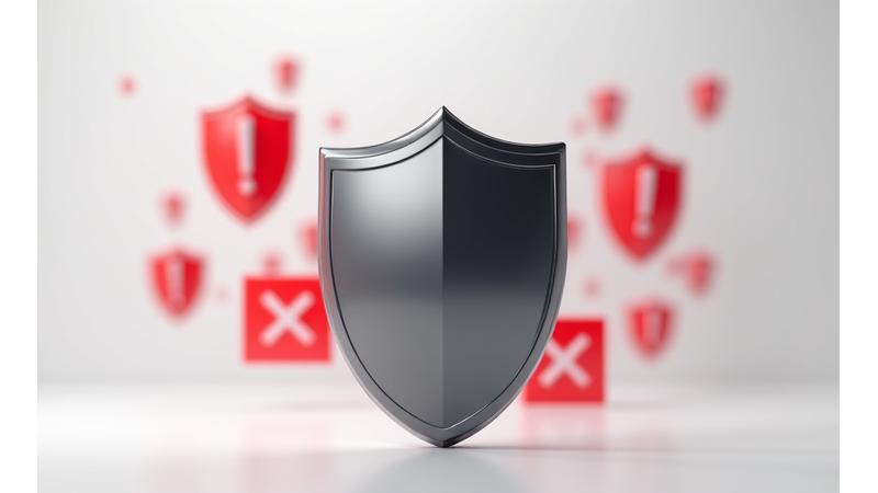 Abstract graphic representing a shield protecting against red warning symbols, symbolizing penalty avoidance.